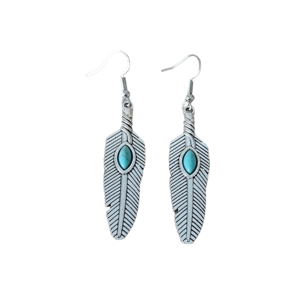 Silver Tone Feather Earrings with Turquoise Resin - Picture 3 of 3